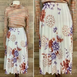 Vintage 1970s Floral Boho Pull On A-line Polyester Elastic Waist Skirt Medium